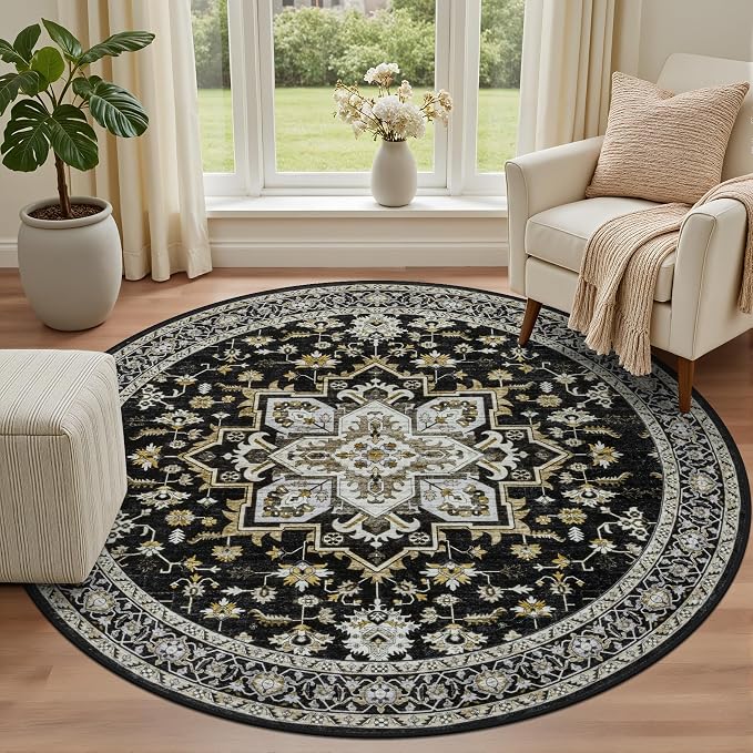 Round Area Rug for Living Room: 4ft Boho Washable Rug Black Gold | Vintage Boho - Image 2
