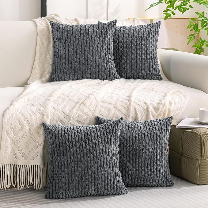 Set of 4 Medium Grey Decorative Throw Pillow Covers 24x24 Inch Corduroy Pillow - Image 2