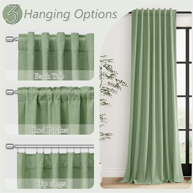 Light Sage 100% Blackout Linen Curtains 108 Inch Length 2 Panels Set - Image 6