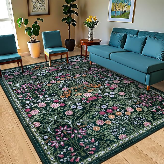 PLHXFR 8x10 Area Rug Living Room: Floral Washable Boho Carpet Dark Green | - Image 2