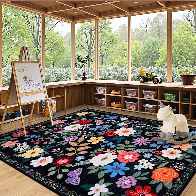 PLHXFR Area Rug Living Room: 4x6 Floral Washable Boho Soft Carpet Black | - Image 5