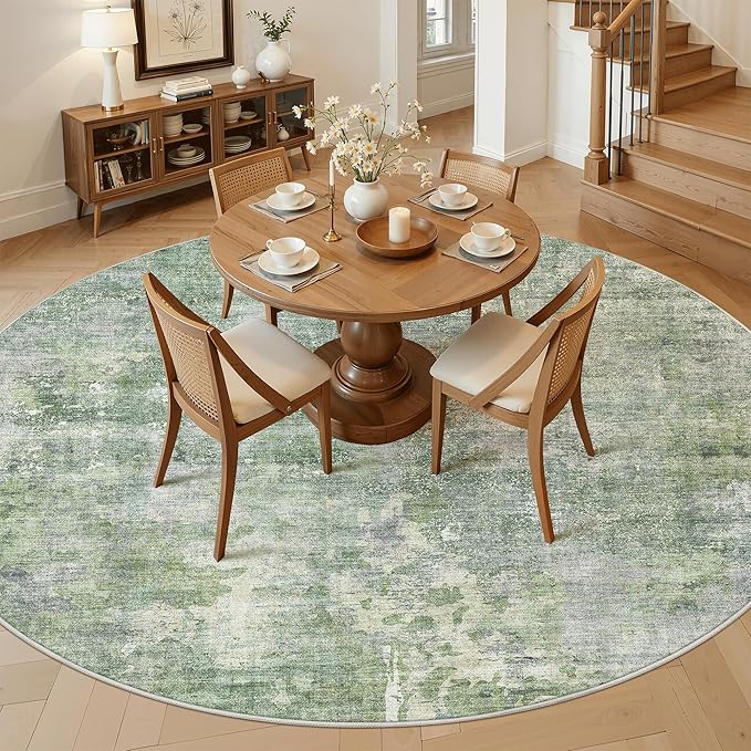 Soalmost Round Rugs 9ft Living Room Circle Area Rug 9x9 Green/Ivory Vintage | - Image 4