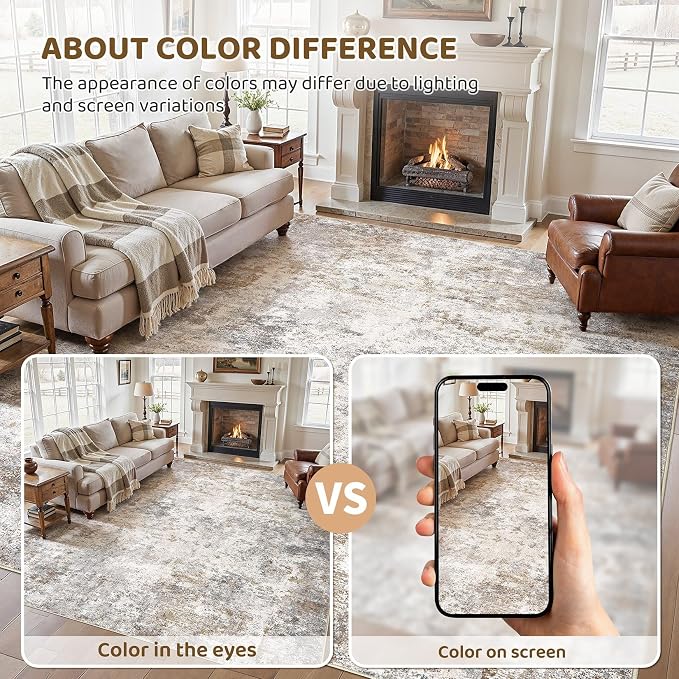 UERMEI 10x11 Area Rug Living Room Rugs Washable Neutral Brown Grey Carpet | - Image 7
