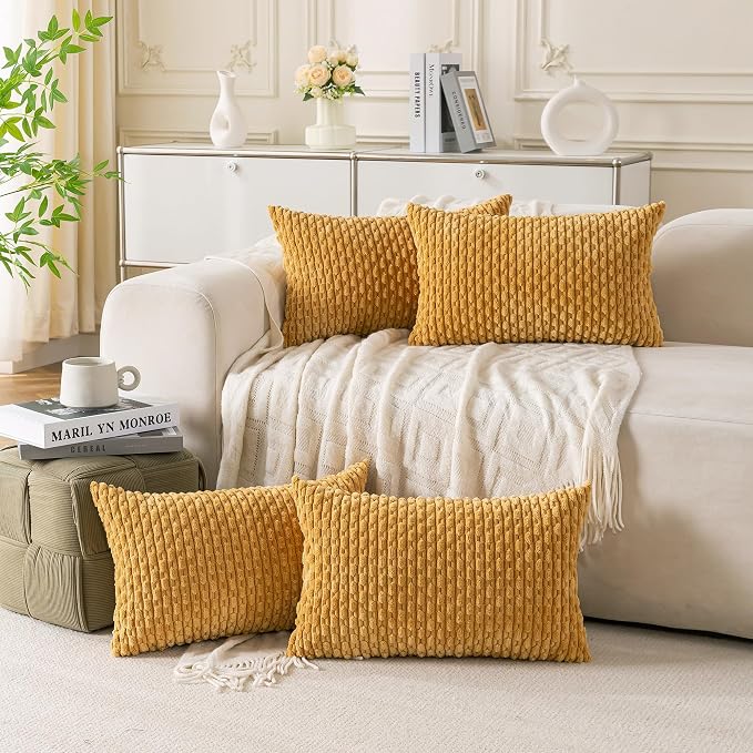 Set of 4 Mustard Yellow Decorative Throw Pillow Covers 12x20 Inch Corduroy by Cozoomy