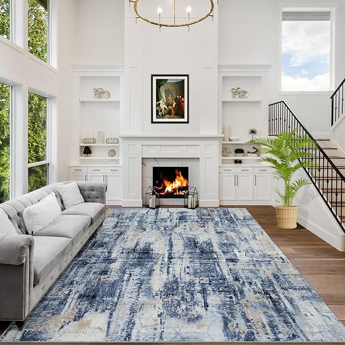 6x9 Area Rugs for Living Room: Washable Abstract Blue Gold Badroom Carpet | by GENTDRIZZ