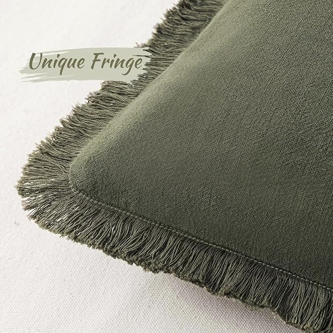 MIULEE Boho Linen Fringe Decorative Throw Pillow Covers Olive Green 18x18 | Set - Image 2