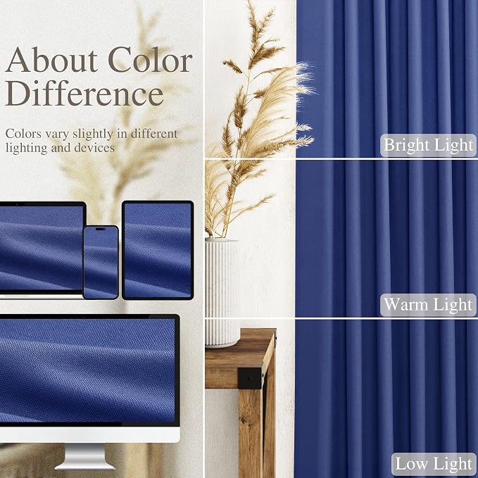 Classic Blue Linen Curtains Semi Sheer 96 Inches Long 2 Panels Set - Image 3