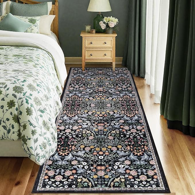 PLHXFR 2x6 Washable Runner Rug：Floral Indoor Kitchen Carpet Dark Black | - Image 2