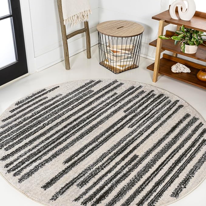 JONATHAN Y Khalil Modern Berber Stripe Cream/Black 3' Round Indoor Area Rug by JONATHANY