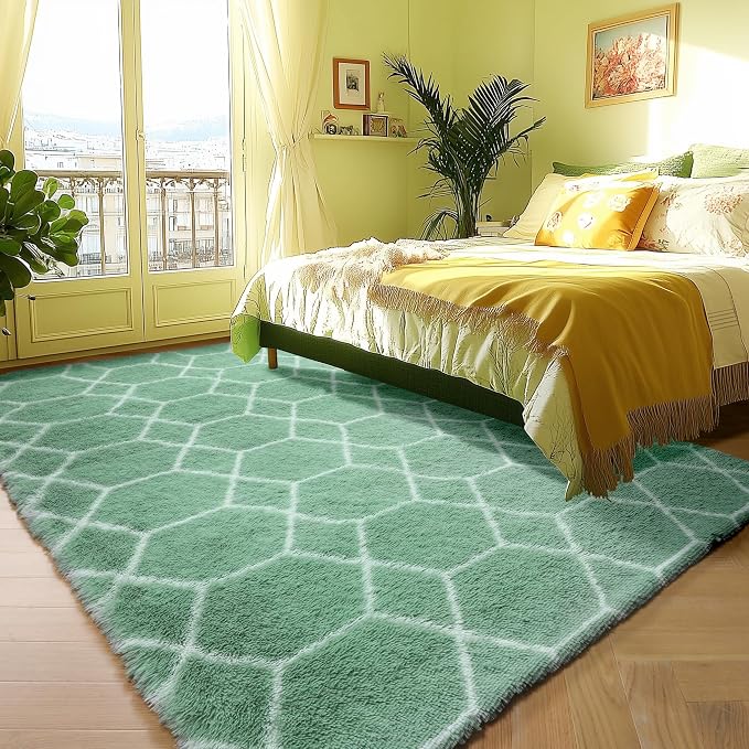 Area Rugs for Living Room, 5x8 Fluffy Sage Green and White Bedroom Rug | - Image 5