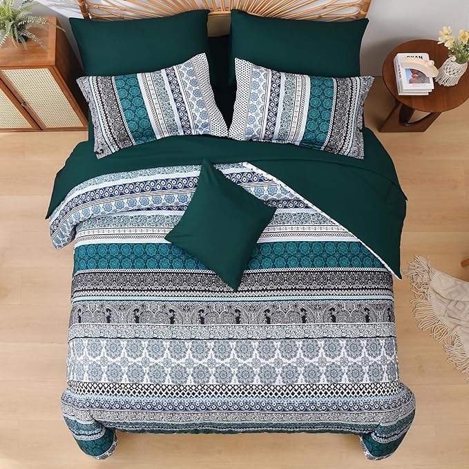 Cottolester Boho Comforter Set King Size,8 Pieces Emerald Green Bohemian Striped Bed in a Bag,Paisley Soft Microfiber Bedding Comforter Set
