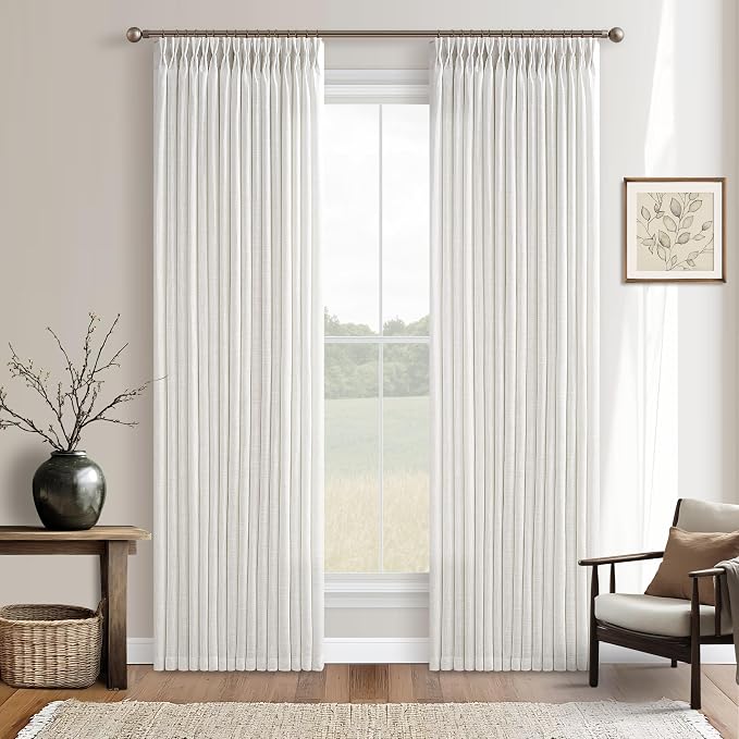 Beige White 98 Inch Pleated Linen Memory Trained Semi Sheer Curtains 50W | by Twodrapes