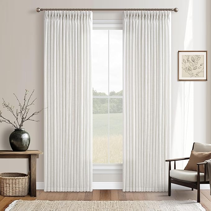 Pinch Pleated 132 Inch Beige White Semi Sheer Linen Curtains 11 Ft 2 Panels | by Twodrapes