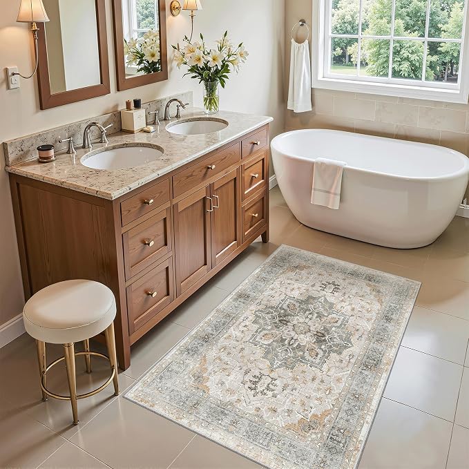 Madane Washable Area Rug 2x3 Small Entryway Rugs Non-Slip Light Taupe Brown | - Image 3
