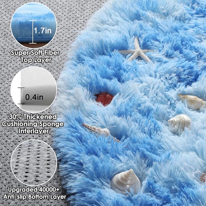 Round Rugs 5ft for Bedroom Living Room, Tie-Dye Blue Fluffy Circle Area Rug for - Image 2