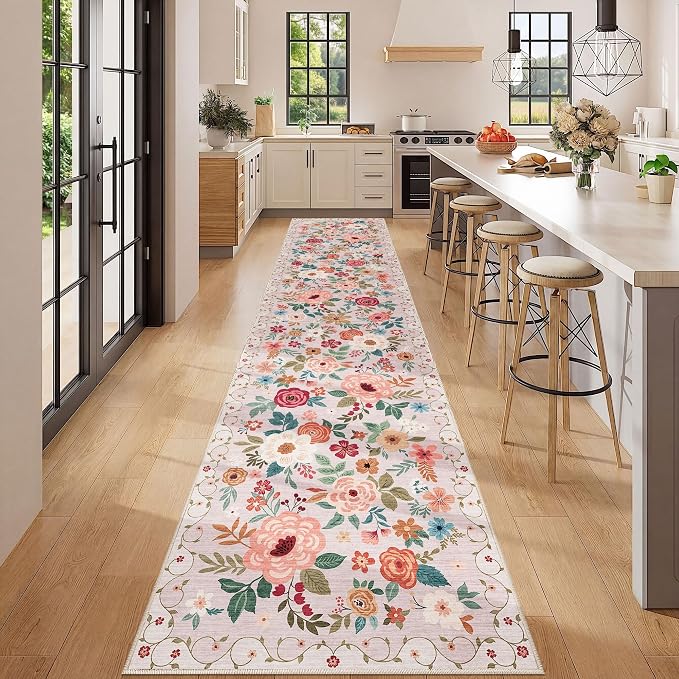DUKINO 2.6x12 Kitchen Runner Rug, Floral Non Slip Long Washable Rug, Stain - Image 3