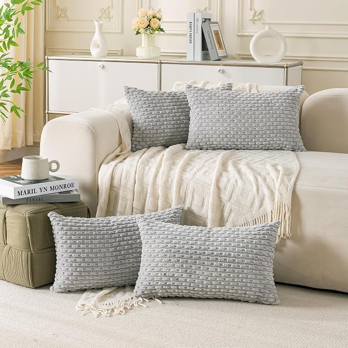 Set of 4 Grey Decorative Throw Pillow Covers 12x20 Inch Corduroy Pillow Covers by Cozoomy