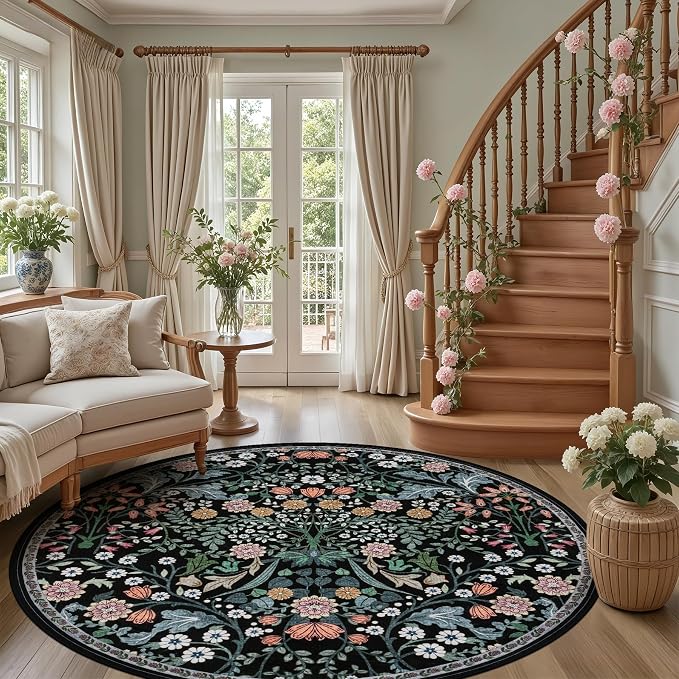 PLHXFR Round Area Rug Living Room: 8 ft Floral Washable Carpet Dark Black | - Image 5
