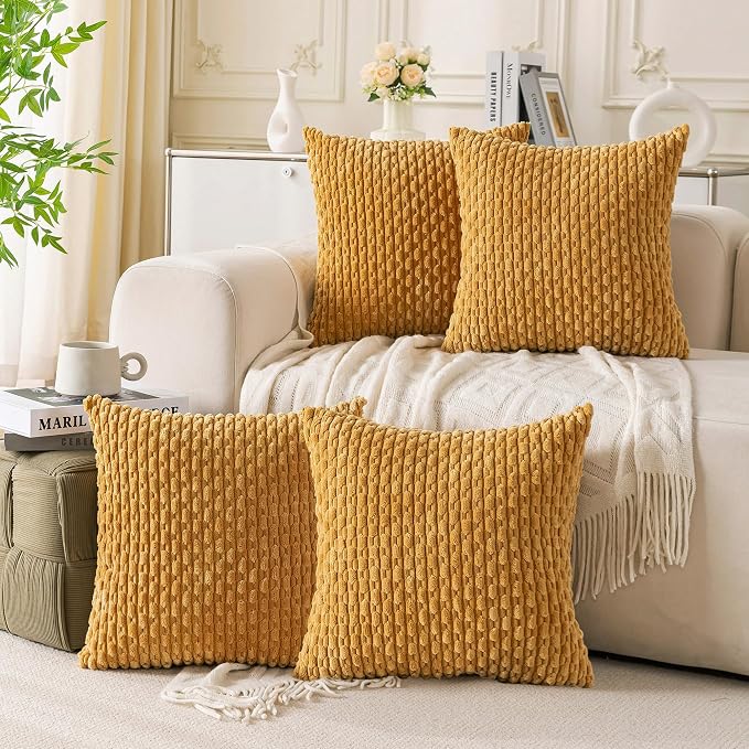 Set of 4 Mustard Yellow Decorative Throw Pillow Covers 18x18 Inch Corduroy by Cozoomy