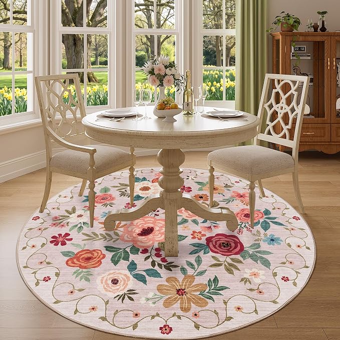 DUKINO 5ft Round Rug, Non Slip Floral Washable Small Circle Rug, Low Pile - Image 7
