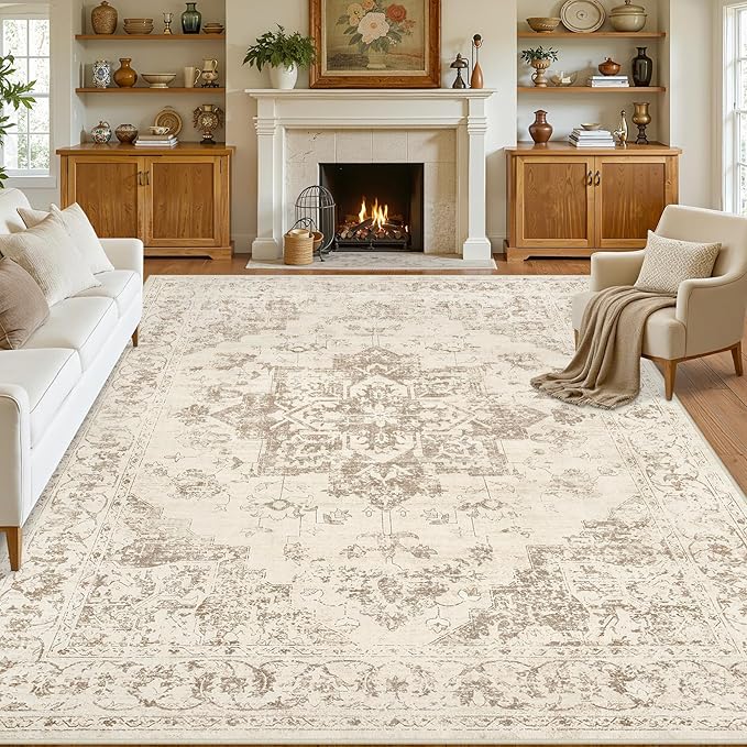 8x10 Area Rugs Living Room: Bedroom Washable Carpet Beige/Ivory | Vintage Boho by Luxturiy