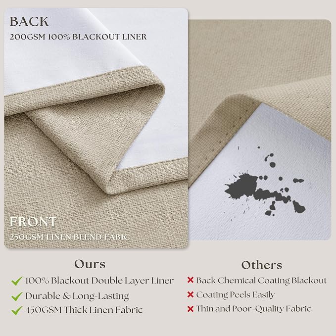 Oatmeal 108 Inch Blackout Linen Pleated Curtains - Image 6