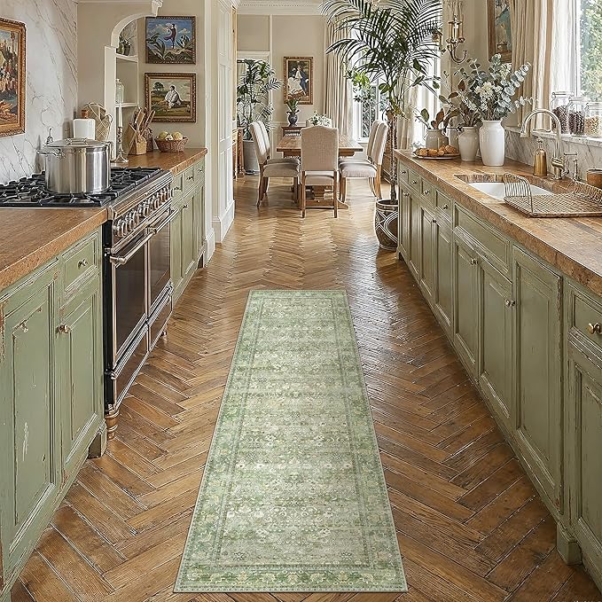 2x6 Light Green Vintage Floral Washable Runner Rug by HUGEAR