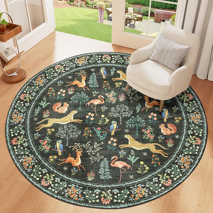 DUKINO 5ft Round Rug, Washable Animal Non Slip Circle Area Rug, Non-Shedding - Image 4