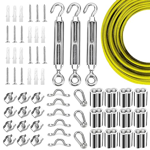Globe String Light Suspension Kit, Outdoor Light Guide Wire, Vinyl Coated Stainless Steel Steel Cable，Include 150ft Transparent PVC and 304 Stainless Steel Wire Cable, Turnbuckle and Hooks