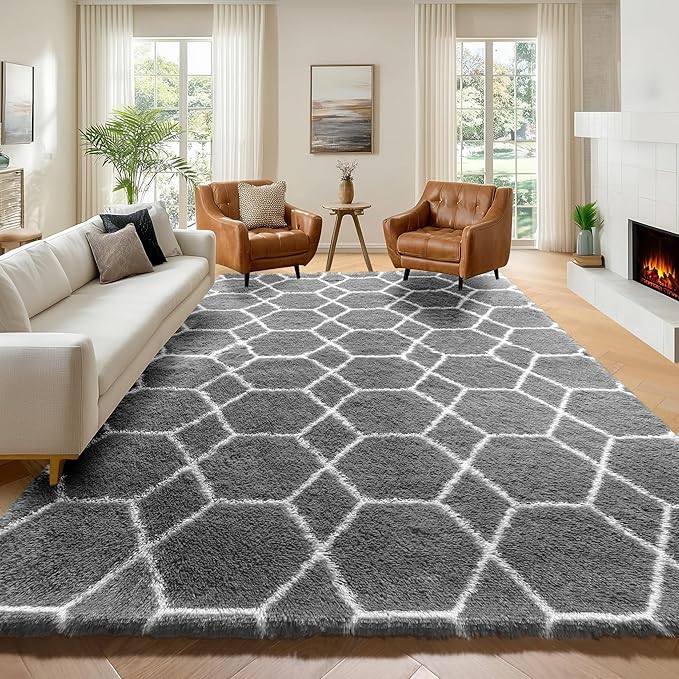 7x9 Area Rugs for Living Room Bedroom, Fluffy Grey and White Geometric Rug | by ONASAR