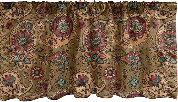Ambesonne Paisley Window Valance Pack of 2, Vintage Inspired Multicolored Leaf Flower Motif in Earth Tones Print, Rod Pocket Curtain Valances for Kitchen Bedroom, 42" X 18", Army Green