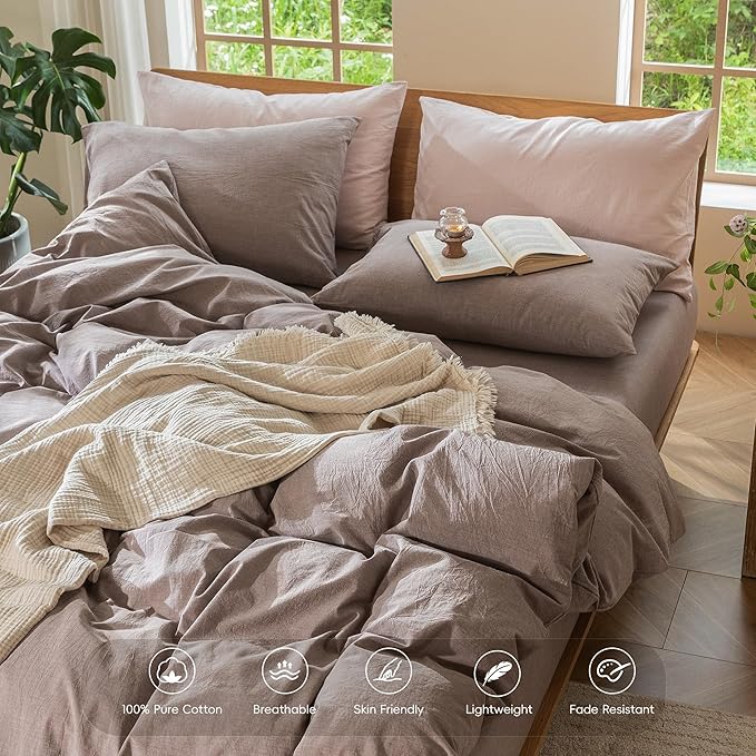 MooMee Bedding Duvet Cover Set 100% Washed Cotton Linen Like Textured Breathable Durable Soft Comfy (Heathered Mauve Brown, Super Queen 90"x98")