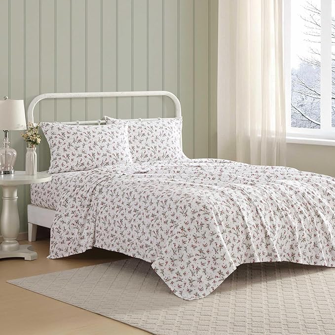 Laura Ashley - Flannel Sheets Full Size, Anti-Pilling & Wrinkle Resistant Cotton, Touchably Soft for All-Season Comfort - Bed Sheets with Matching Pillowcases & Fitted Sheet (Berry Bright Red)
