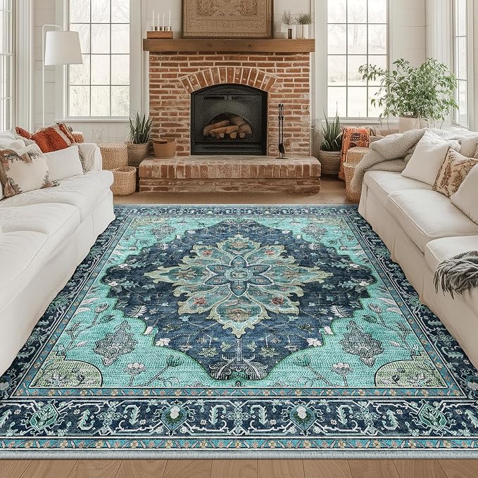 RELEANY Washable Area Rug, Square 8'x8', Teal | Non-Slip, Water Repellent by RELEANY