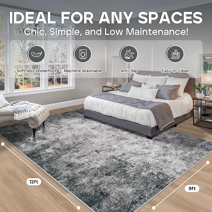 Aelenmu 9x12 Area Rugs for Living Room Bedroom Dining Room Washable Black | - Image 2