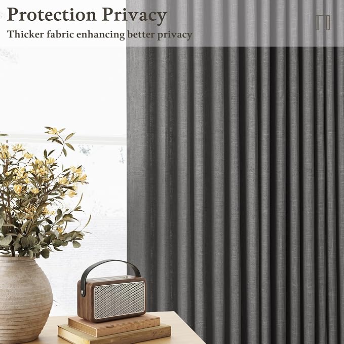 Pinch Pleat 105 Inches Linen Semi Sheer Dark Grey Curtains 50W | Charcoal Grey - Image 6