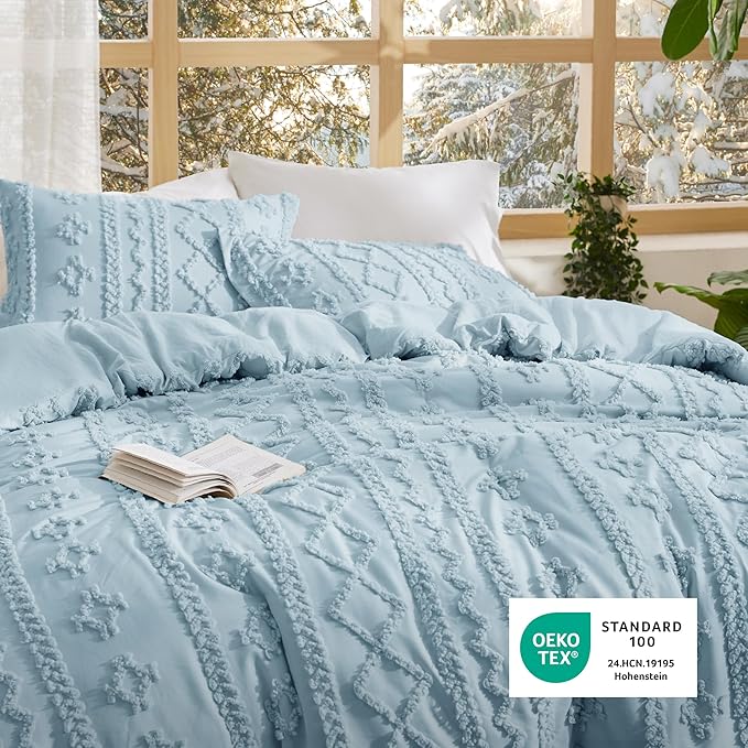 Bedsure Tufted Boho Comforter Set Full Size - Dusty Blue Boho Bed Set, GentleSoft™ 3 Pieces Farmhouse Shabby Chic Embroidery Bedding, Gifts for Woman, Soft Jacquard Full Comforter for All Seasons