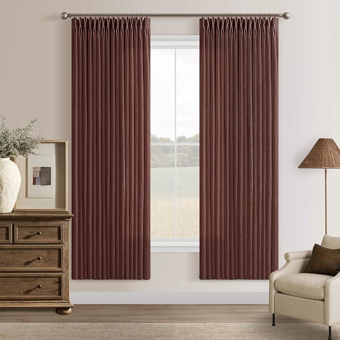 Thick Linen Pleated Chestnut Brown Semi Sheer Curtains - Image 8