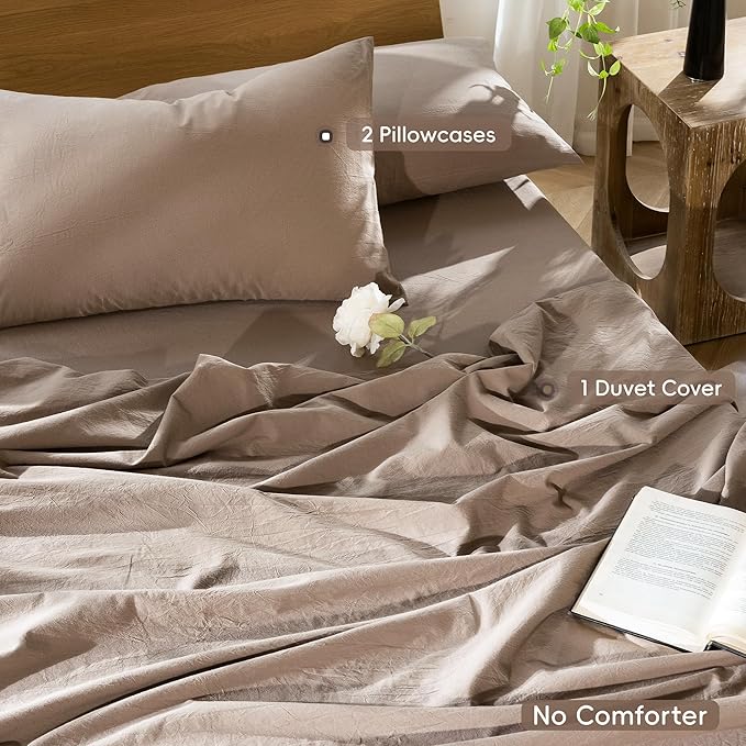 MooMee Bedding Duvet Cover Set 100% Washed Cotton Linen Like Textured Breathable Durable Soft Comfy (Solid Brown, Palatial King/Oversized King 120"x98")