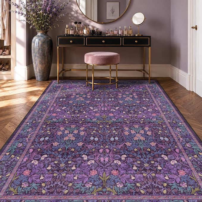 Washable Violet 5x7 Area Rug for Living Room, Vintage Dark Purple Dining Room - Image 3