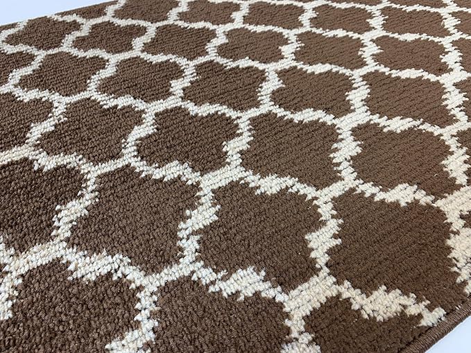 Custom Size Cut to Length Moroccan Trellis Design Runner Rug Mat For Wide Long Hallways with Non-Slip Rubber Backing, Better Traction for Pets, Prevent Slippage, Trellis Brown, 31 inch X 7 feet