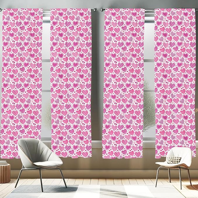 Ambesonne Valentines Window Curtains Pack of 2, Romantic Heart Shapes with Many Different Designs Polka Dots Crossed Lines, Lightweight Set with Rod Pocket, 4 Panels of - 28" x 95", Pink White