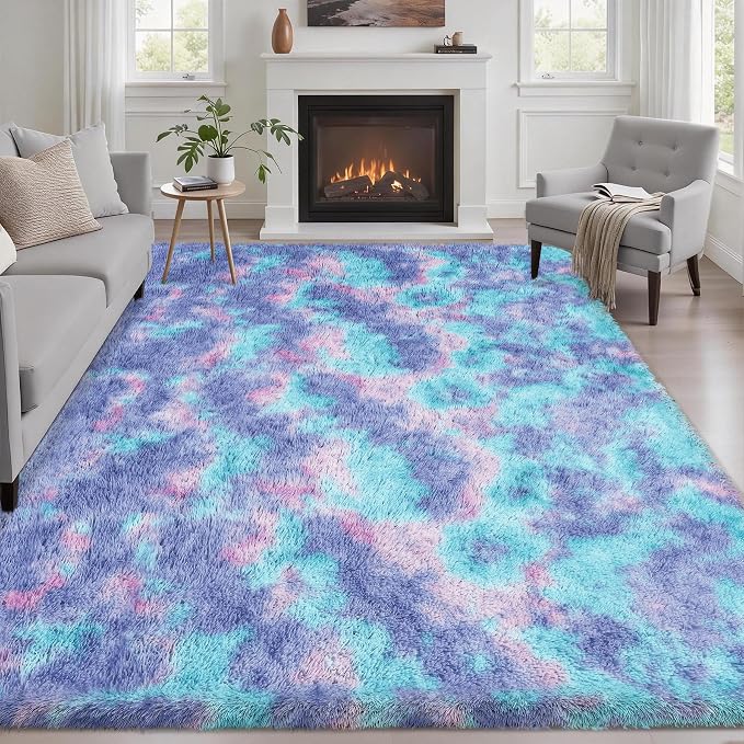Area Rug Living Room Bedroom: 6x9 Fluffy Plush Shag Carpet Rainbow | by Luxturiy