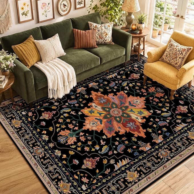 RELEANY Washable Area Rug, Water Repellent, Pet Friendly, Vintage Floral Boho by RELEANY
