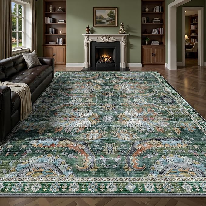 9x12 Area Rug, Vintage Retro Soft Washable Rug, Non-Slip Low Pile Rugs by Yarooge