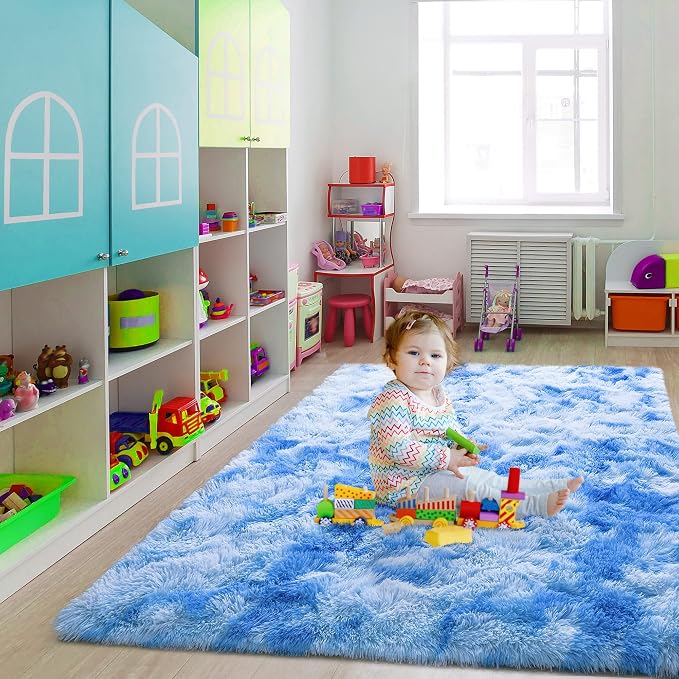 6x9 Large Tie-Dyed Blue Fluffy Soft Area Rug Non-Slip - Image 6