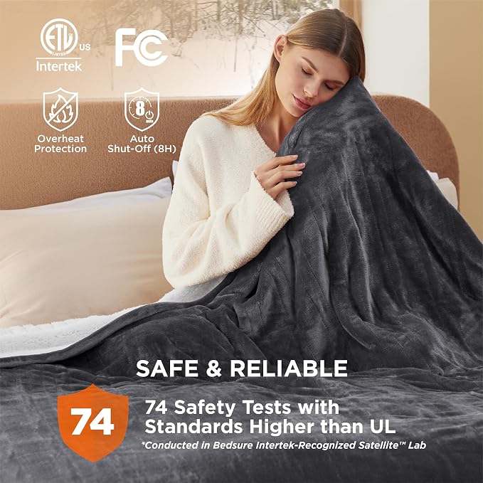 Bedsure Heated Blanket Queen Size, Dual Control Electric Blanket, Dark Grey | - Image 7