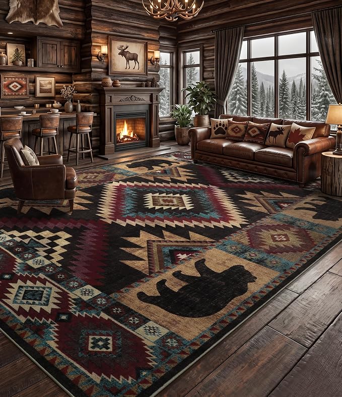 Rustic Cabin Area Rug 9x12, Lodge Wildlife Bear Washable Large Area Rug - Image 4
