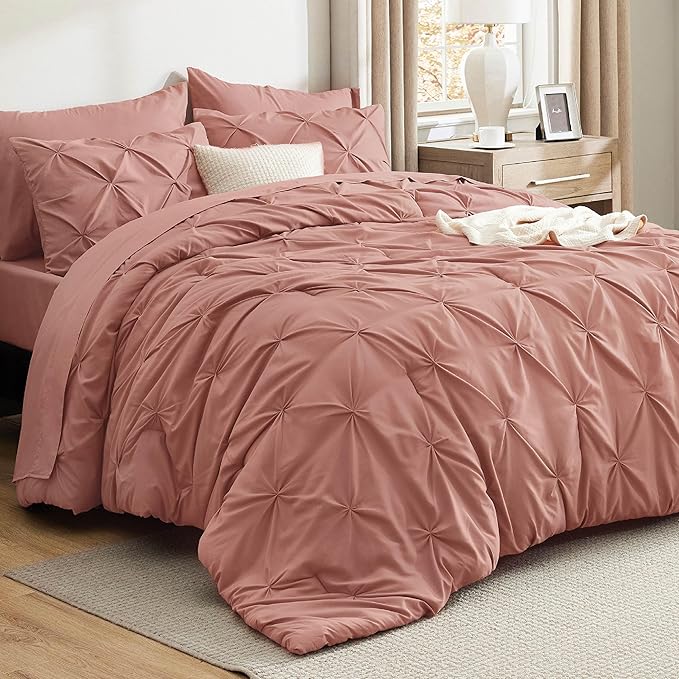 Bedsure California King Comforter Set Dusty Pink - Bed in a Bag California King 7 Pieces, GentleSoft™ Pintuck Bed Set Gift for Family, Pinch Pleat Dusty Pink Comforter with Sheets, Pillowcases & Shams