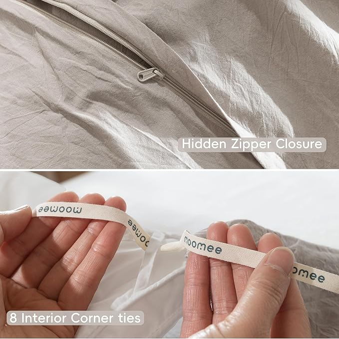 MooMee Bedding Duvet Cover Set 100% Washed Cotton Linen Like Textured Breathable Durable Soft Comfy (Solid Light Tan, Twin 68"x90")